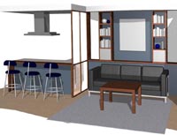 návrh obývací místnosti s kuchyní